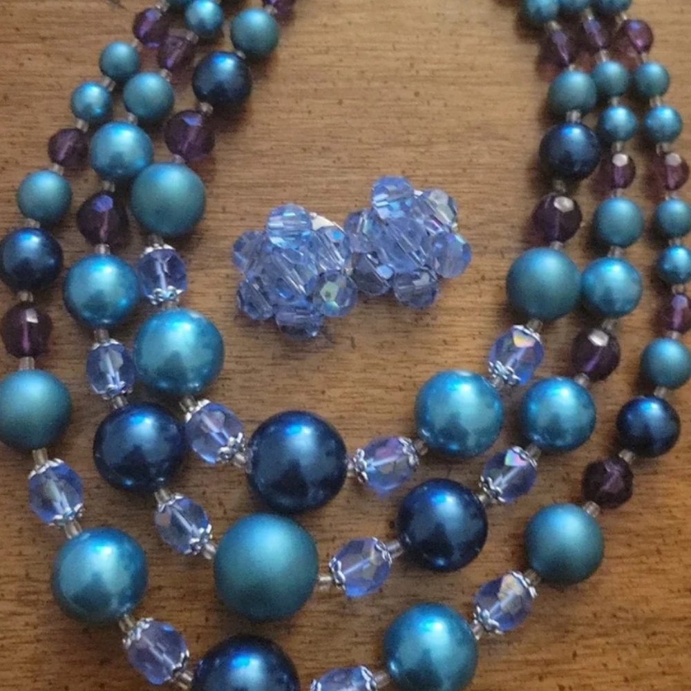Marked Japan vintage mid century beaded multi strand necklace earrings set of 2